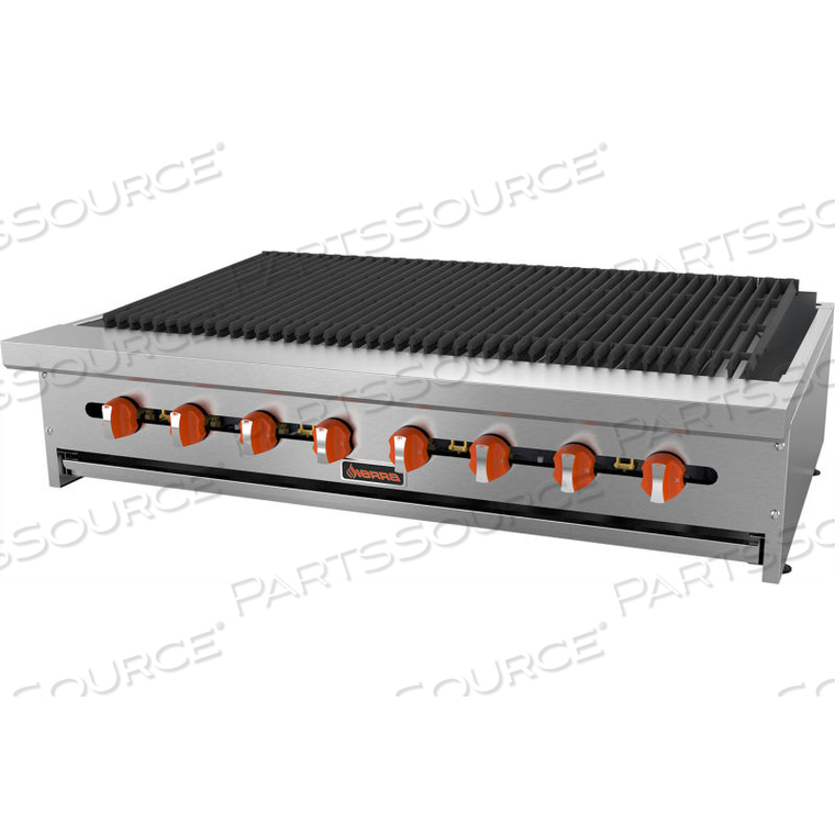 SIERRA RANGE CHARBROILER, 48W, 8 BURNERS, 16,000 BTU EACH, STAINLESS STEEL, ROCK BRIQUETTES