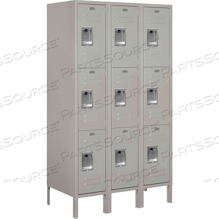 TRIPLE TIER 9 DOOR METAL LOCKER, 12WX18DX20H, GRAY, UNASSEMBLED
