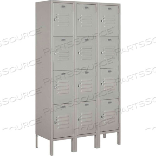 FOUR TIER 12 DOOR METAL LOCKER, 12WX12DX15H, GRAY, ASSEMBLED