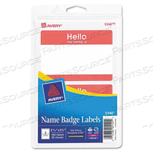 OEM#: 5140PRINTABLE SELF-ADHESIVE NAME BADGES, 2 1/3 X 3 3/8, RED HELLO, 100/PACK by Avery