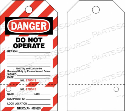OEM#: WKT3DANGER DO NOT OPERATE LOCKED OUT TAG, TWO-PART TAGS WITH STUBS, CARDSTOCK, 25/PACK by Brady Americas