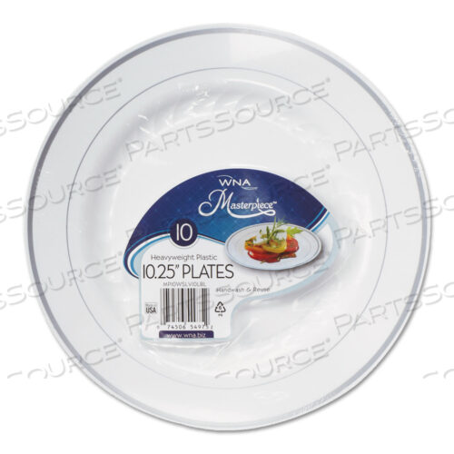 OEM#: RSM101210WSMASTERPIECE ПЛАСТИКОВЫЕ ТАРЕЛКИ, ДИАМЕТР 10,25, БЕЛЫЕ С СЕРЕБРЯНЫМИ ОТТЕНКАМИ, КРУГЛЫЕ, 10 ШТ./УПАКОВКА, 12 УПАКОВОК/КОРОБКА от WNA