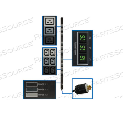 PDU 3-ФАЗНЫЙ С ИЗМЕРИТЕЛЕМ 240В/230В/220В 11.5КВТ C13 C19 ВЕРТИКАЛЬНЫЙ 0URM