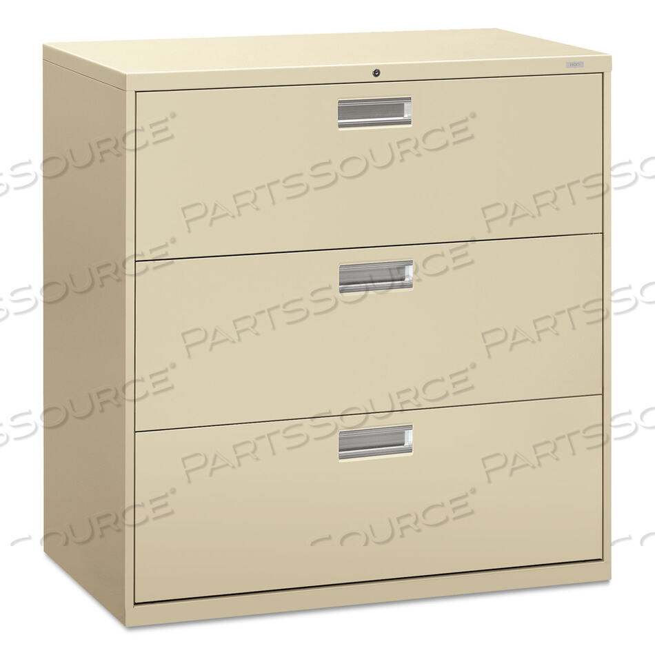 OEM#: H693.L.LBRIGADE 600 SERIES LATERAL FILE, 3 LEGAL/LETTER-SIZE FILE DRAWERS, PUTTY, 42 X 18 X 39.13 by HON