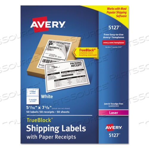 OEM#: 5127SHIPPING LABELS WITH PAPER RECEIPT AND TRUEBLOCK TECHNOLOGY, INKJET/LASER PRINTERS, 5.06 X 7.63, WHITE, 50/PACK by Avery