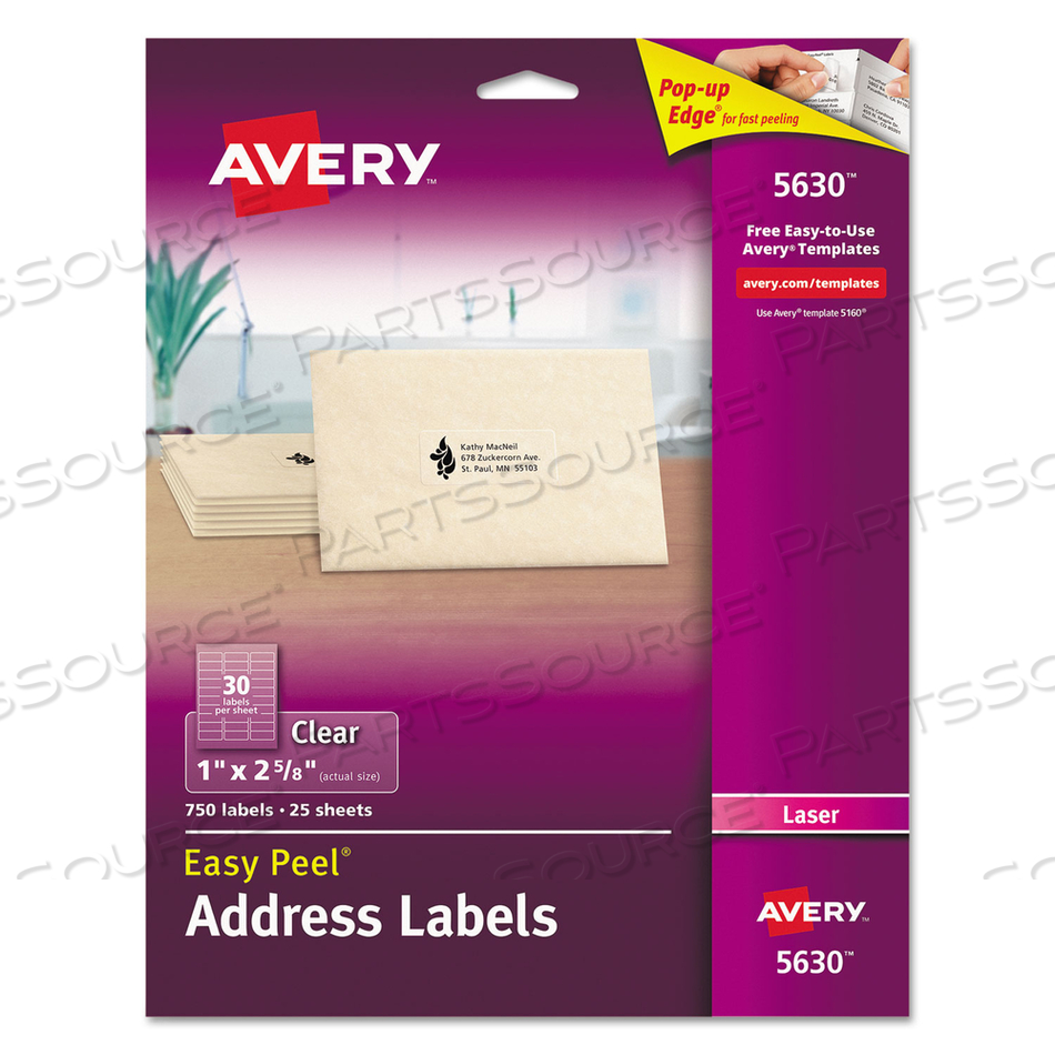 OEM#: 5630MATTE CLEAR EASY PEEL MAILING LABELS W/ SURE FEED TECHNOLOGY, LASER PRINTERS, 1 X 2.63, CLEAR, 30/SHEET, 25 SHEETS/BOX by Avery