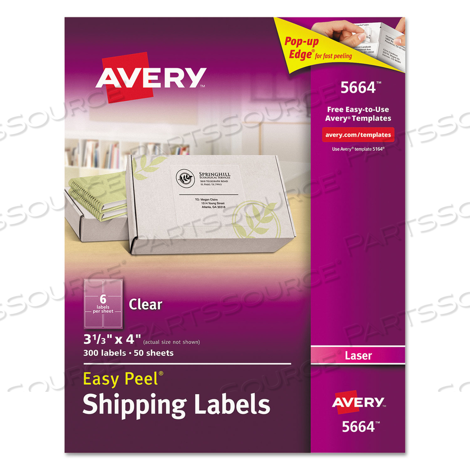 OEM#: 5664MATTE CLEAR EASY PEEL MAILING LABELS W/ SURE FEED TECHNOLOGY, LASER PRINTERS, 3.33 X 4, CLEAR, 6/SHEET, 50 SHEETS/BOX by Avery