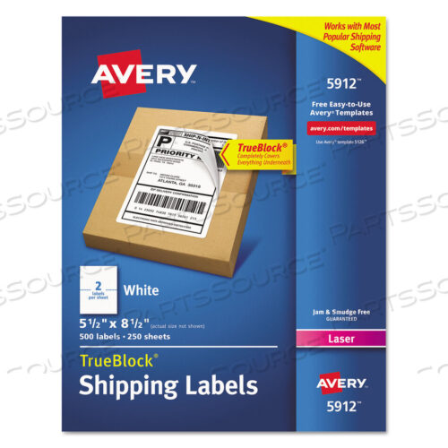 OEM#: 5912SHIPPING LABELS W/ TRUEBLOCK TECHNOLOGY, LASER PRINTERS, 5.5 X 8.5, WHITE, 2/SHEET, 250 SHEETS/BOX by Avery