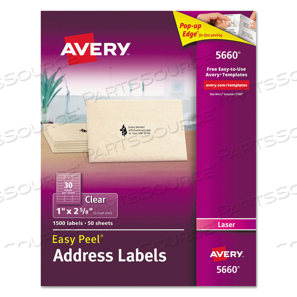 OEM#: 5660MATTE CLEAR EASY PEEL MAILING LABELS W/ SURE FEED TECHNOLOGY, LASER PRINTERS, 1 X 2.63, CLEAR, 30/SHEET, 50 SHEETS/BOX by Avery