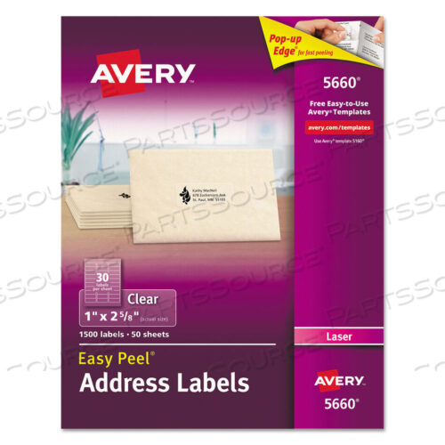 OEM#: 5660MATTE CLEAR EASY PEEL MAILING LABELS W/ SURE FEED TECHNOLOGY, LASER PRINTERS, 1 X 2.63, CLEAR, 30/SHEET, 50 SHEETS/BOX by Avery