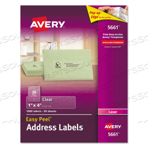 OEM#: 5661MATTE CLEAR EASY PEEL MAILING LABELS W/ SURE FEED TECHNOLOGY, LASER PRINTERS, 1 X 4, CLEAR, 20/SHEET, 50 SHEETS/BOX by Avery