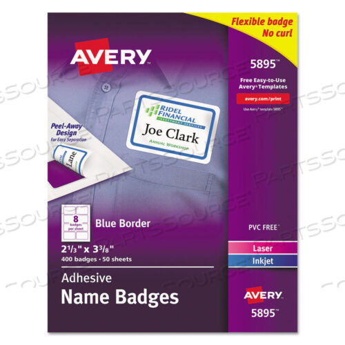 OEM#: 5895FLEXIBLE ADHESIVE NAME BADGE LABELS, 3.38 X 2.33, WHITE/BLUE BORDER, 400/BOX by Avery