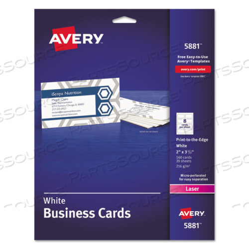 OEM#: 5881PRINT-TO-THE-EDGE MICROPERF BUSINESS CARDS W/SURE FEED TECHNOLOGY, COLOR LASER, 2X3.5, WHITE, 160 CARDS, 8/SHEET,20 SHEETS/PK by Avery