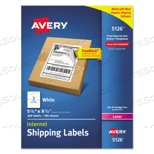 OEM#: 5126SHIPPING LABELS W/ TRUEBLOCK TECHNOLOGY, LASER PRINTERS, 5.5 X 8.5, WHITE, 2/SHEET, 100 SHEETS/BOX by Avery