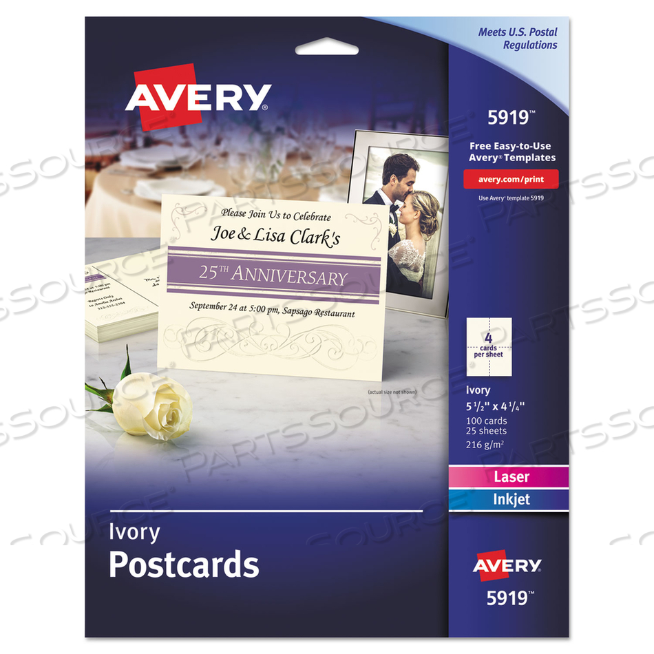 OEM#: 05919PRINTABLE POSTCARDS, INKJET/LASER, 74 LB, 4.25 X 5.5, IVORY, 100 CARDS, 4 CARDS/SHEET, 25 SHEETS/BOX by Avery