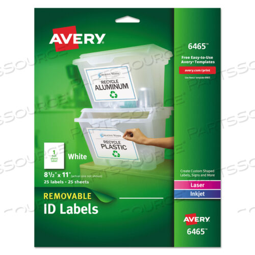 OEM#: 6465REMOVABLE MULTI-USE LABELS, INKJET/LASER PRINTERS, 8.5 X 11, WHITE, 25/PACK by Avery