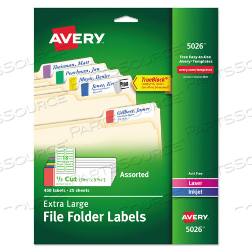 OEM#: 5026EXTRA-LARGE TRUEBLOCK FILE FOLDER LABELS WITH SURE FEED TECHNOLOGY, 0.94 X 3.44, WHITE, 18/SHEET, 25 SHEETS/PACK by Avery