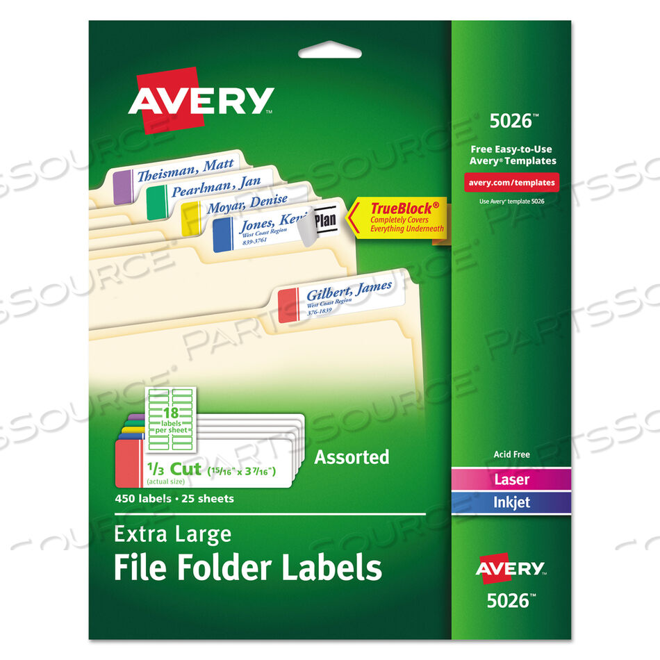 OEM#: 5026EXTRA-LARGE TRUEBLOCK FILE FOLDER LABELS WITH SURE FEED TECHNOLOGY, 0.94 X 3.44, WHITE, 18/SHEET, 25 SHEETS/PACK by Avery