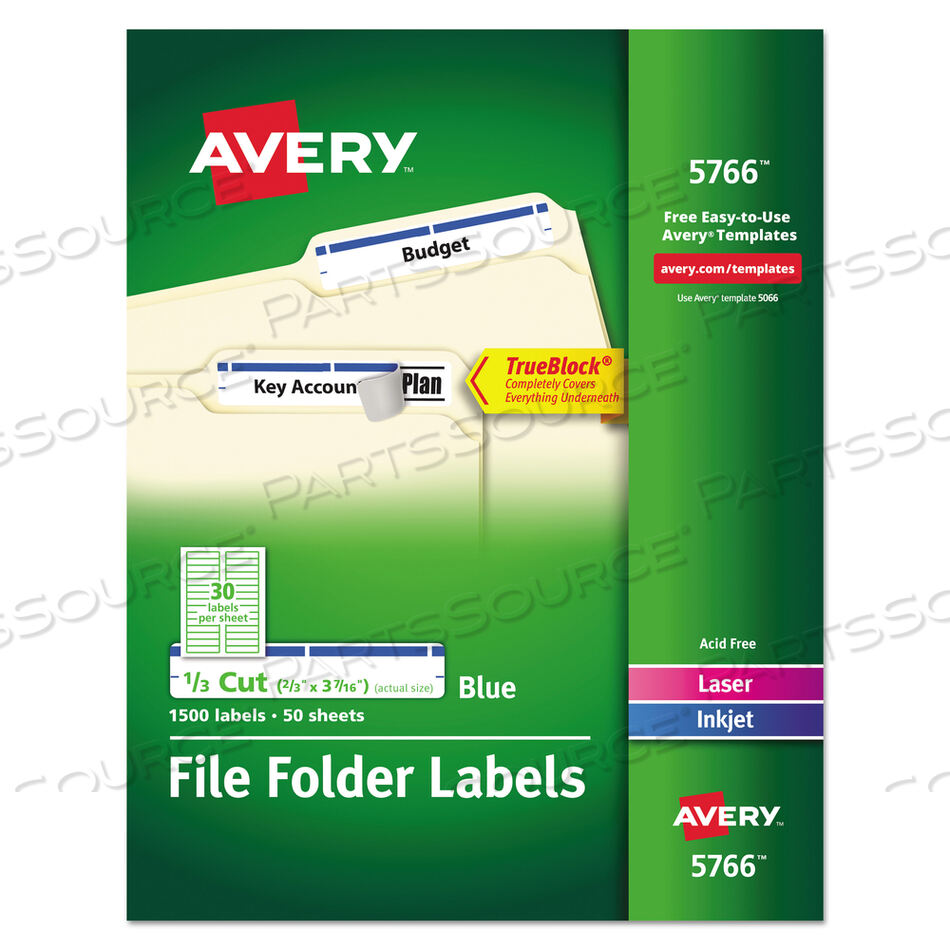 OEM#: 5766PERMANENT TRUEBLOCK FILE FOLDER LABELS WITH SURE FEED TECHNOLOGY, 0.66 X 3.44, WHITE, 30/SHEET, 50 SHEETS/BOX by Avery