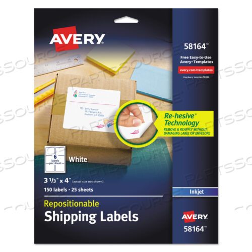 OEM#: 58164REPOSITIONABLE SHIPPING LABELS W/SUREFEED, INKJET, 3.33 X 4, WHITE, 150/BOX by Avery