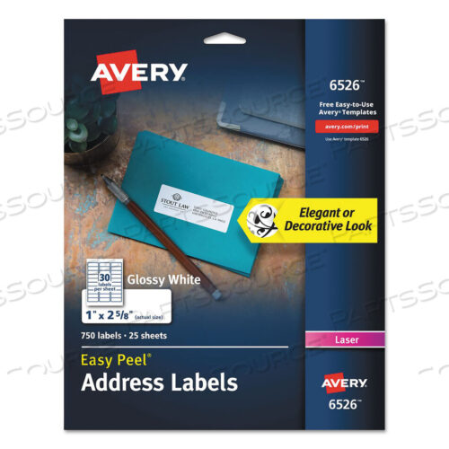 OEM#: 06526GLOSSY WHITE EASY PEEL MAILING LABELS W/ SURE FEED TECHNOLOGY, LASER PRINTERS, 1 X 2.63, WHITE, 30/SHEET, 25 SHEETS/PACK by Avery