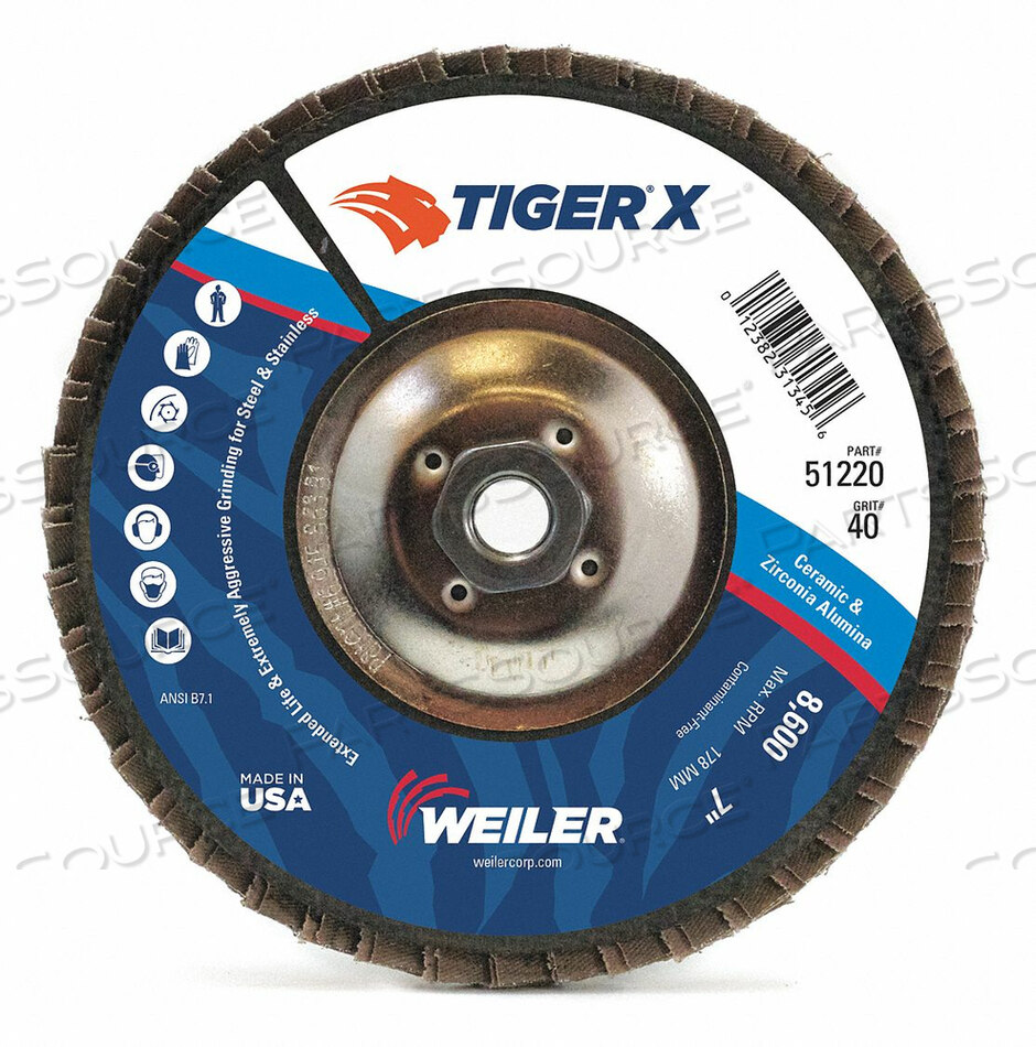 OEM#: 98923J1587 FLAP DISC 4-1/2 INX40 GRIT 7/8 13000 RPM by Weiler