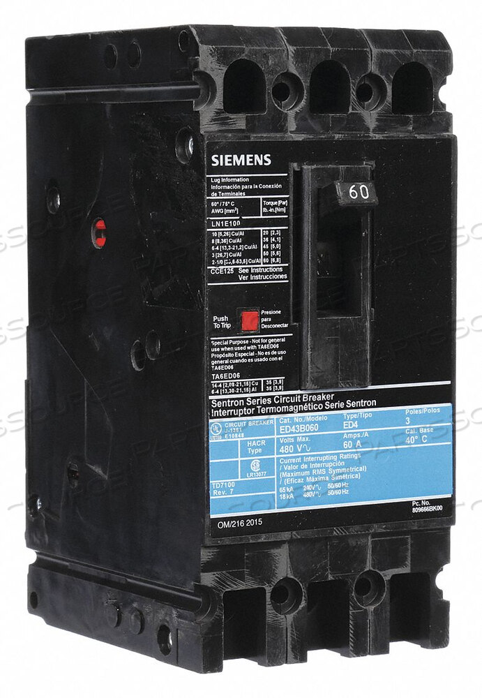 OEM#: ED43B060АВТОМАТИЧЕСКИЙ ВЫКЛЮЧАТЕЛЬ 60A 3P 480VAC ED4 от Siemens