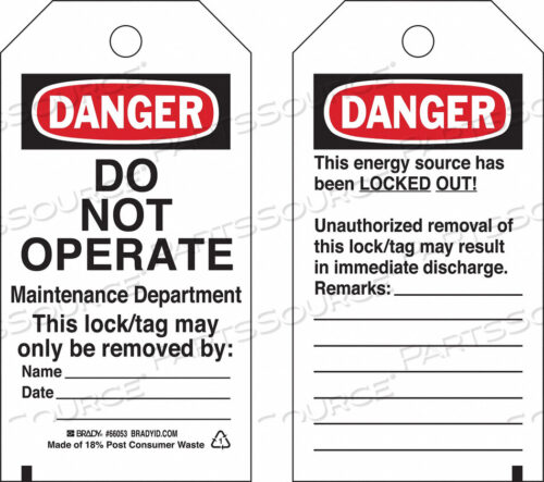 OEM#: 66053БЛОКИРОВОЧНАЯ БИРКА - ОПАСНО, НЕ ИСПОЛЬЗОВАТЬ, ПРОЧНАЯ ПОЛИЭСТЕРНАЯ ИНКАПСУЛИРОВАННАЯ, 25 ШТ./УПАКОВКА от Brady Americas
