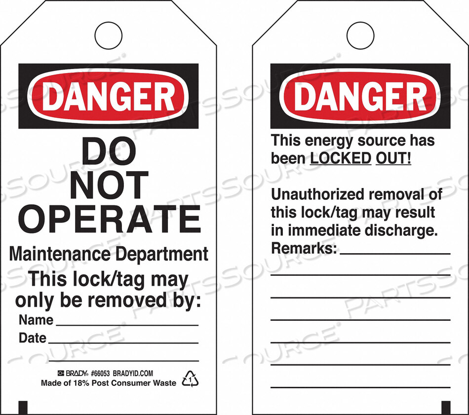 OEM#: 66053БЛОКИРОВОЧНАЯ БИРКА - ОПАСНО, НЕ ИСПОЛЬЗОВАТЬ, ПРОЧНАЯ ПОЛИЭСТЕРНАЯ ИНКАПСУЛИРОВАННАЯ, 25 ШТ./УПАКОВКА от Brady Americas