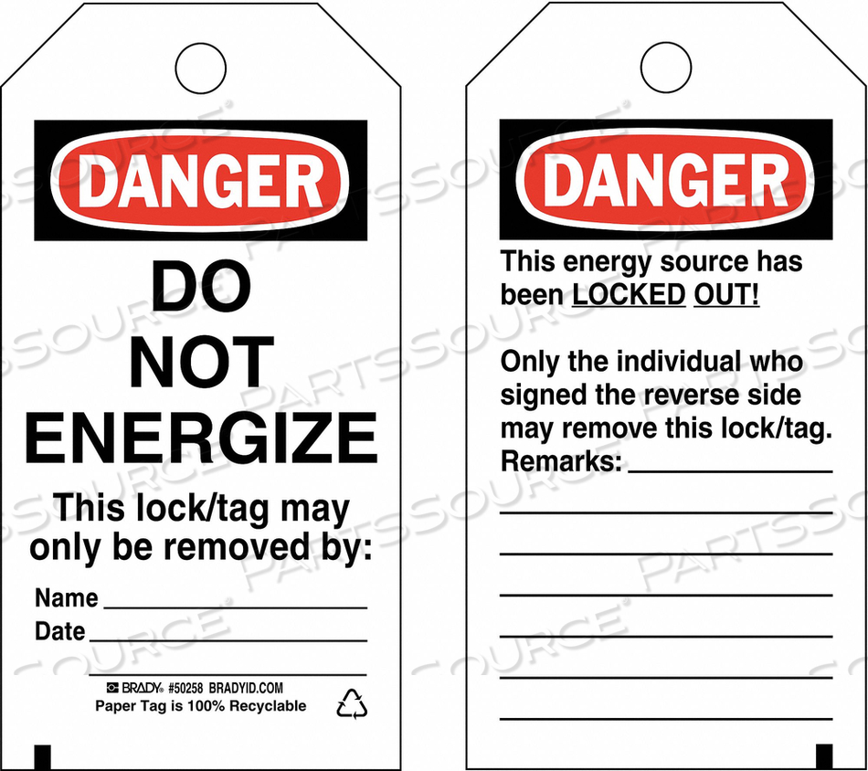 OEM#: 50258БЛОКИРОВОЧНАЯ БИРКА-ОПАСНО, НЕ ПОДКЛЮЧАТЬ ПИТАНИЕ, ДВУХСТОРОННЯЯ, ПОЛИЭСТЕР ВЫСОКОЙ ТЕМПЕРАТУРЫ, 25 ШТ./УПАКОВКА от Brady Americas