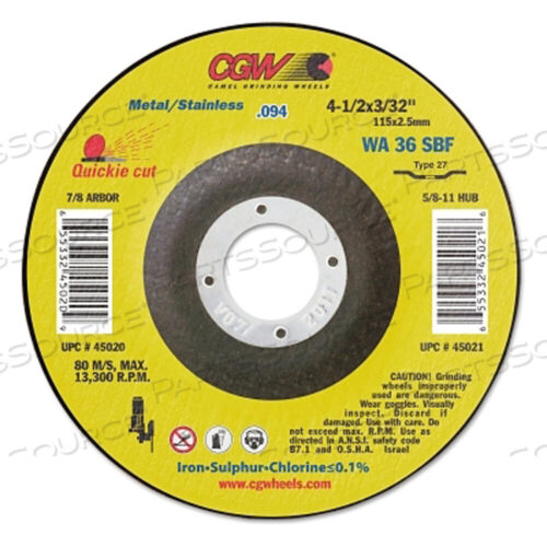 OEM#: 45020ТОНКИЙ ОТРЕЗНОЙ КРУГ, 4 1/2 ДЮЙМА ДИАМЕТРОМ, 3/32 ДЮЙМА ТОЛЩИНОЙ, 7/8 ДЮЙМА ОСИ, ЗЕРНИСТОСТЬ 36 АЛЮМИНИЙ ОКСИД от CGW Abrasives