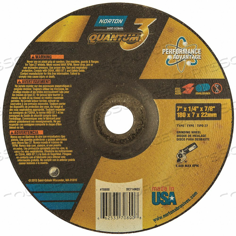 OEM#: 66253370800ДИСК С УГЛУБЛЕННЫМ ЦЕНТРОМ 7 ДЮЙМОВ 7/8 ДЮЙМОВ ТИП 27 от Norton | Saint-Gobain Abrasives