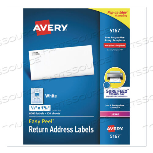 OEM#: 5167EASY PEEL WHITE ADDRESS LABELS W/ SURE FEED TECHNOLOGY, LASER PRINTERS, 0.5 X 1.75, WHITE, 80/SHEET, 100 SHEETS/BOX by Avery