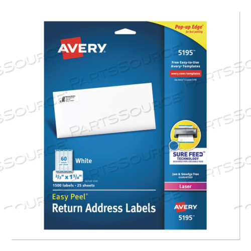 OEM#: 5195EASY PEEL WHITE АДРЕСНЫЕ ЭТИКЕТКИ С ТЕХНОЛОГИЕЙ SURE FEED, ЛАЗЕРНЫЕ ПРИНТЕРЫ, 0,66 X 1,75, БЕЛЫЕ, 60/ЛИСТ, 25 ЛИСТОВ/УПАК от Avery