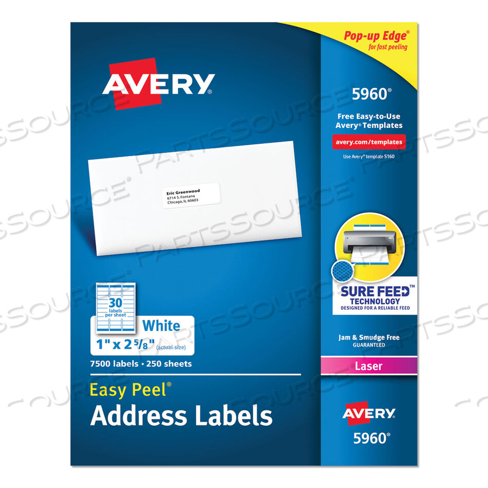 OEM#: 5960EASY PEEL WHITE АДРЕСНЫЕ ЭТИКЕТКИ С ТЕХНОЛОГИЕЙ SURE FEED, ЛАЗЕРНЫЕ ПРИНТЕРЫ, 1 X 2.63, БЕЛЫЕ, 30/ЛИСТ, 250 ЛИСТОВ/УПАКОВКА от Avery