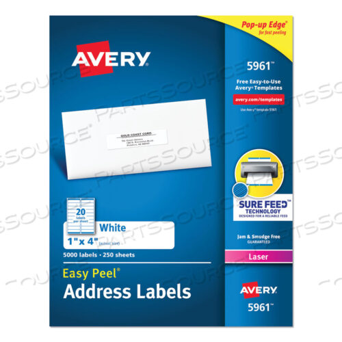 OEM#: 5961EASY PEEL WHITE ADDRESS LABELS W/ SURE FEED TECHNOLOGY, LASER PRINTERS, 1 X 4, WHITE, 20/SHEET, 250 SHEETS/BOX by Avery