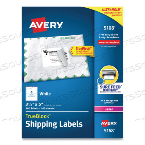 OEM#: 5168SHIPPING LABELS W/ TRUEBLOCK TECHNOLOGY, LASER PRINTERS, 3.5 X 5, WHITE, 4/SHEET, 100 SHEETS/BOX by Avery