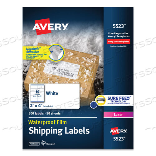 OEM#: 5523WATERPROOF SHIPPING LABELS WITH TRUEBLOCK AND SURE FEED, LASER PRINTERS, 2 X 4, WHITE, 10/SHEET, 50 SHEETS/PACK by Avery