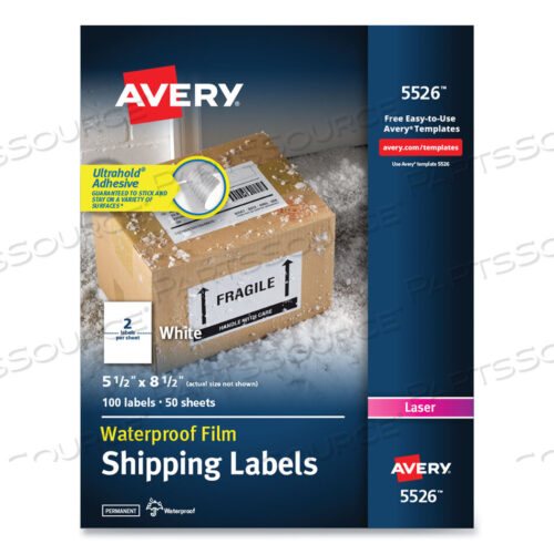 OEM#: 5526WATERPROOF SHIPPING LABELS WITH TRUEBLOCK TECHNOLOGY, LASER PRINTERS, 5.5 X 8.5, WHITE, 2/SHEET, 50 SHEETS/PACK by Avery
