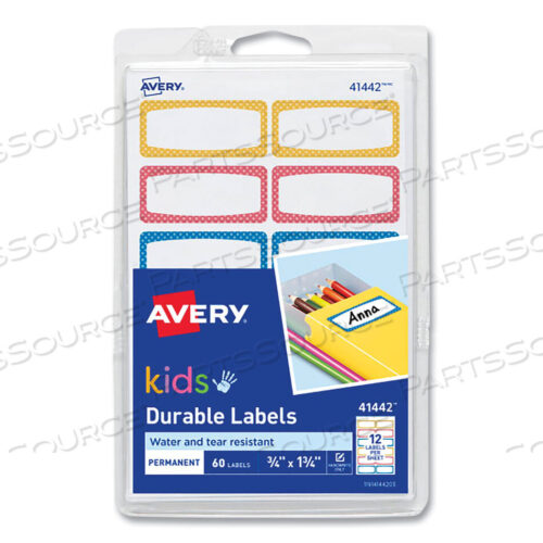 OEM#: 41442ЭТИКЕТКИ ДЛЯ ИДЕНТИФИКАЦИИ ОТ РУКИ AVERY KIDS, 1,75 X 0,75, ГРАНИЦЫ: СИНИЕ, ОРАНЖЕВЫЕ, ЖЕЛТЫЕ, 12 ЭТИКЕТОК/ЛИСТ, 5 ЛИСТОВ/УПАКОВКА от Avery