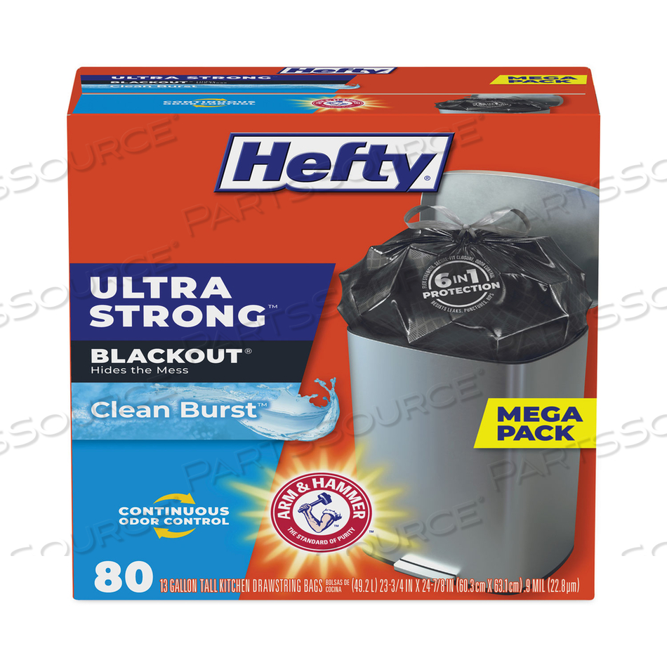 OEM#: E88352ULTRA STRONG BLACKOUT TALL-KITCHEN DRAWSTRING BAGS, 13 GAL, 0.9 MIL, 23.75 X 24.88, BLACK, 80/BOX by Hefty