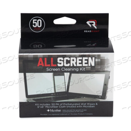 OEM#: RR15039ALLSCREEN SCREEN CLEANING KIT, 50 INDIVIDUALLY WRAPPED PRESATURATED WIPES, 1 MICROFIBER CLOTH/BOX by Read Right