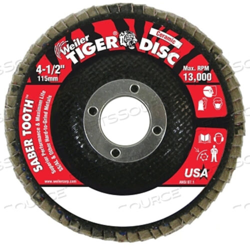 OEM#: 50101SABER TOTH КЕРАМИЧЕСКИЕ ЛЕПЕСТКОВЫЕ ДИСКИ, 4 1/2 ДЮЙМА, ЗЕРНИСТОСТЬ 40, ОПРАВКА 7/8 ДЮЙМА, 13 000 ОБ/МИН от Weiler