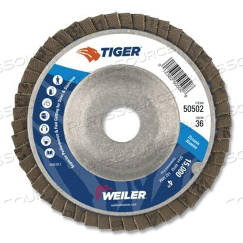 OEM#: 50502TIGER DISC ANGLED STYLE FLAP DISCS, 4 ДЮЙМА, 36 GRIT, 5/8 ARB, АЛЮМИНИЕВАЯ ЗАДНЯЯ ЧАСТЬ от Weiler