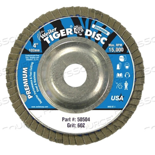 OEM#: 50504TIGER DISC УГЛОВЫЕ ЛЕПЕСТКОВЫЕ ДИСКИ, 4 ДЮЙМА, ЗЕРНИСТОСТЬ 60, ОПРАВКА 5/8 ДЮЙМА, АЛЮМИНИЕВАЯ ЗАДНЯЯ ЧАСТЬ от Weiler