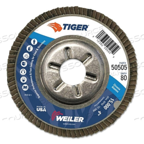 OEM#: 50505TIGER DISC ANGLED STYLE FLAP DISCS, 4, 80 GRIT, 5/8 ARBOR, ALUMINIUM BACK от Weiler
