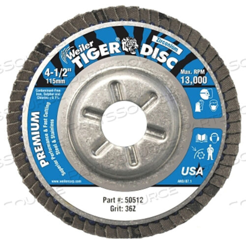 OEM#: 50512TIGER DISC ANGLED STYLE FLAP DISCS, 4 1/2 ДЮЙМА, 36 GRIT, 7/8 ARB, АЛЮМИНИЕВАЯ ЗАДНЯЯ ЧАСТЬ от Weiler