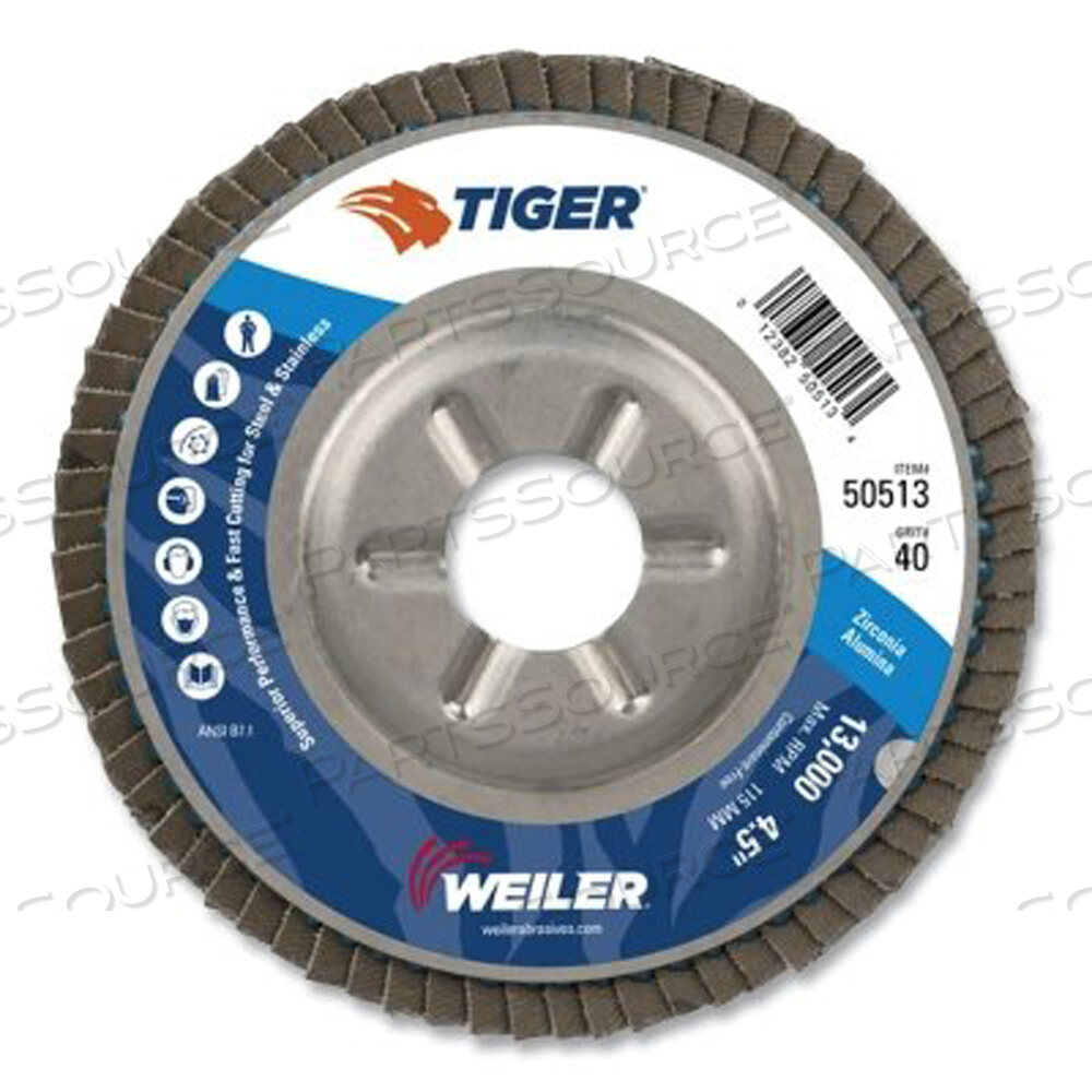 OEM#: 50513TIGER DISC ANGLED STYLE FLAP DISCS, 4 1/2, 40 GRIT, 7/8 ARBOR, ALUMINIUM BACK от Weiler