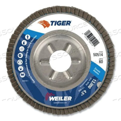 OEM#: 50514TIGER DISC ANGLED STYLE FLAP DISC, ДИАМЕТР 4-1/2 ДЮЙМА, ЗЕРНИСТОСТЬ 60, ОПРАВКА 7/8, 13000 ОБ/МИН, ТИП 29 от Weiler