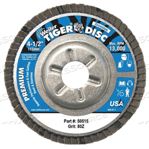OEM#: 50515TIGER DISC ANGLED STYLE FLAP DISC, ДИАМЕТР 4-1/2 ДЮЙМА, ЗЕРНИСТОСТЬ 80, ОПРАВКА 7/8, 13000 ОБ/МИН, ТИП 29 от Weiler